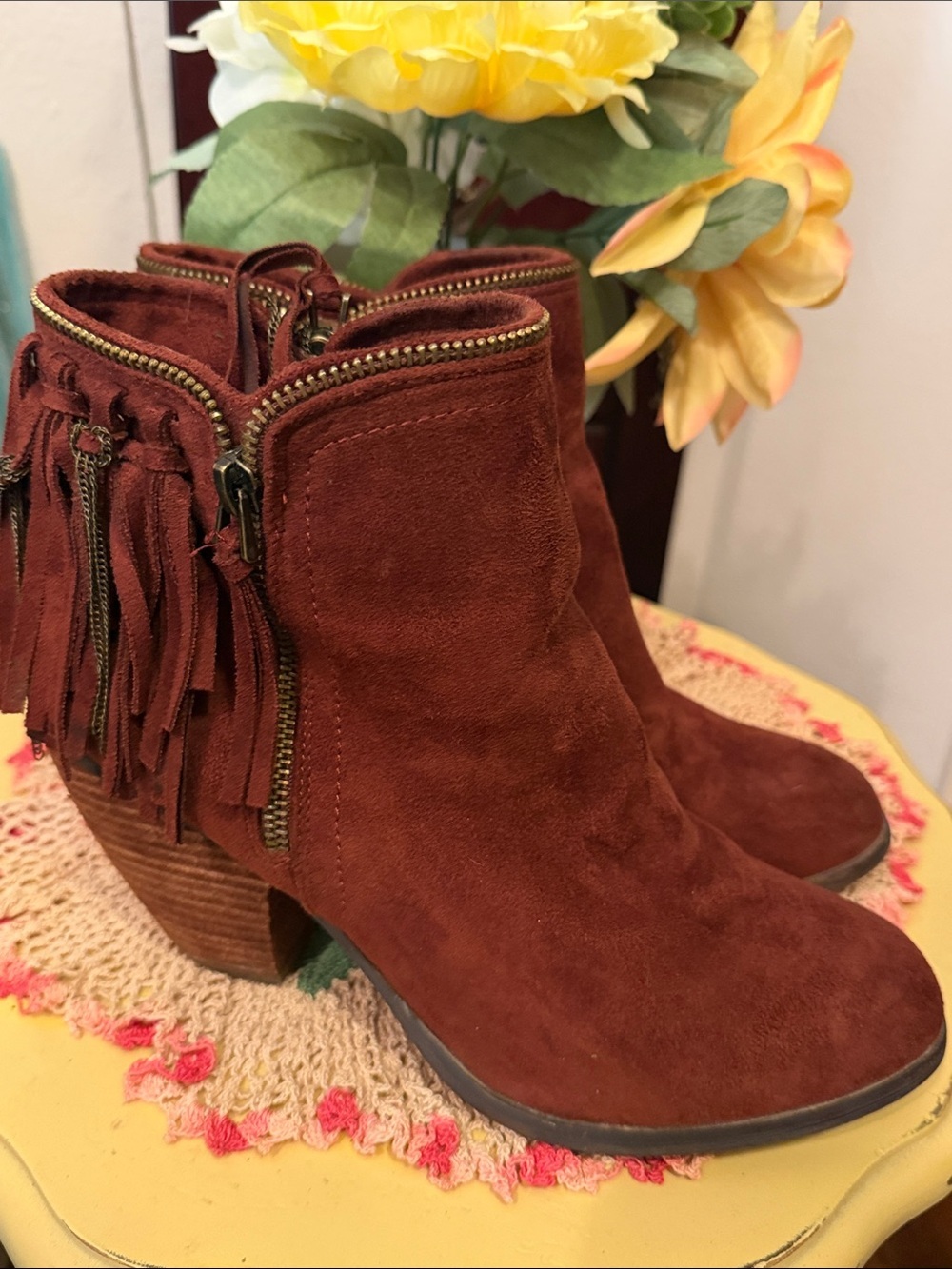 😍😍😍BOGOHO😍😍😍Women's Suede Fringe Ankle Boots - Rust-10